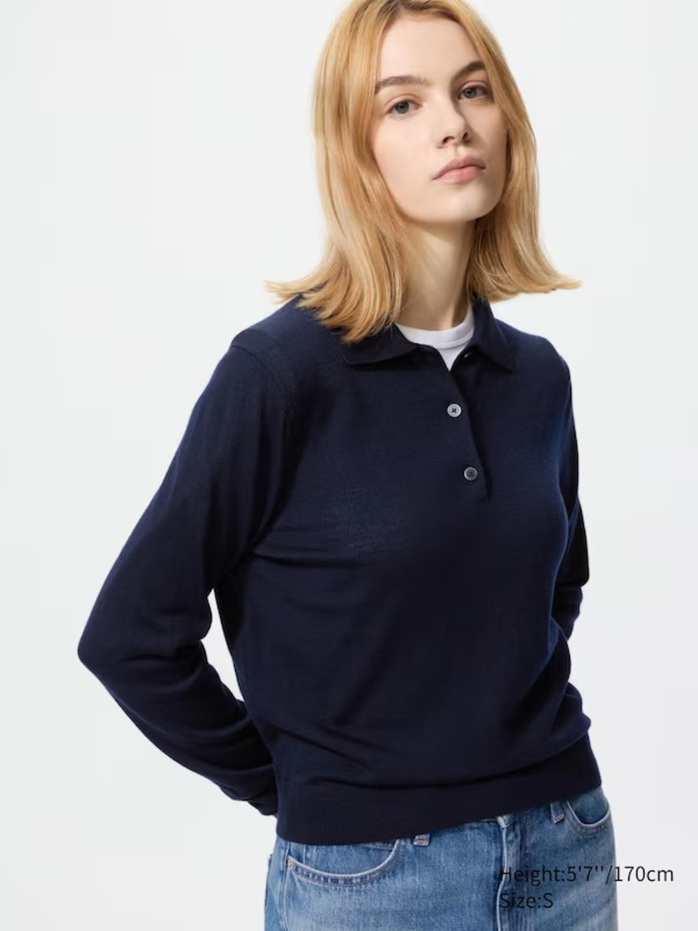 Uniqlo Navy Wool Long-Sleeve Polo Knit Top - Women